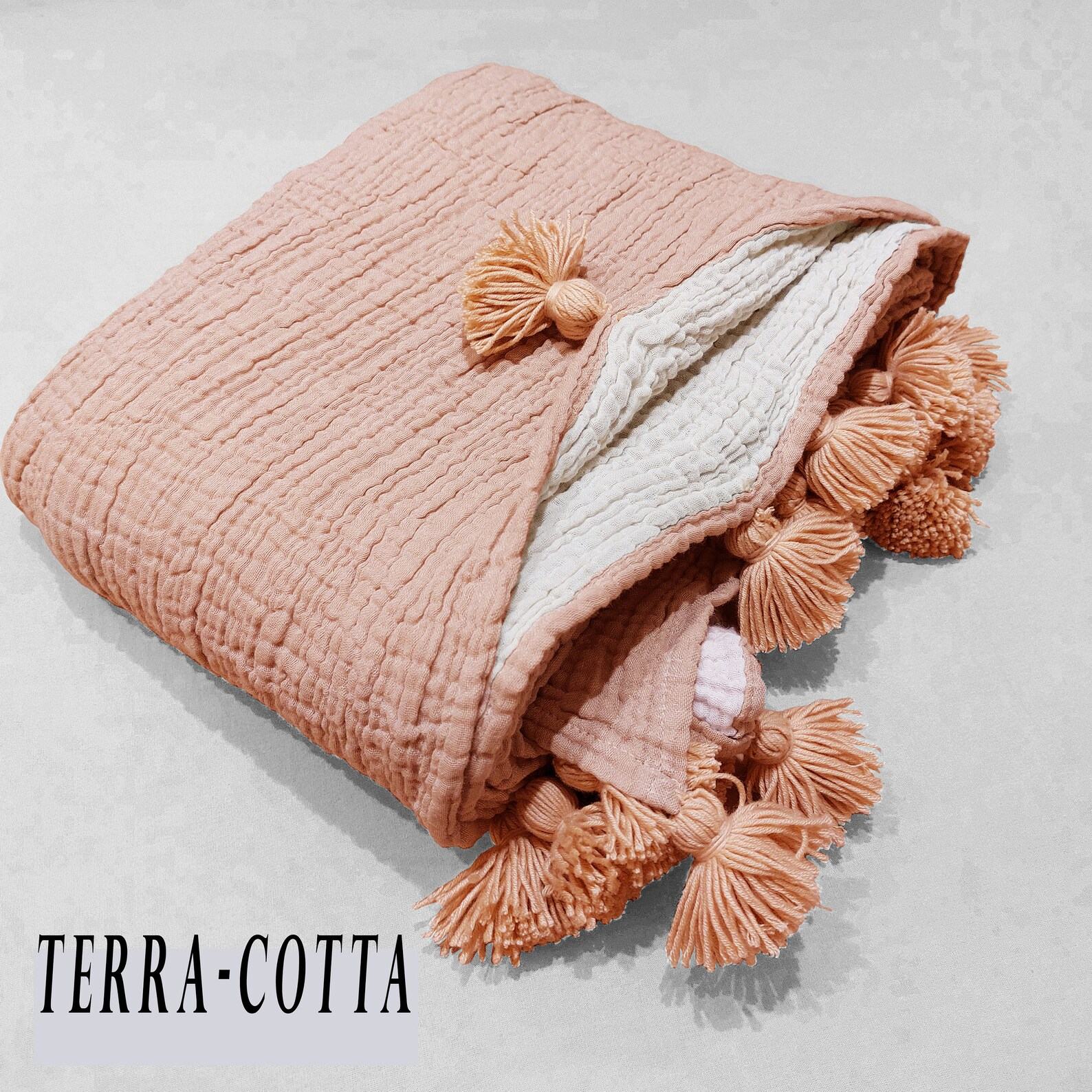 Luxurious Pom Pom Muslin Throw OEKO-TEX Certified, Multi-Purpose Cozy Comfort