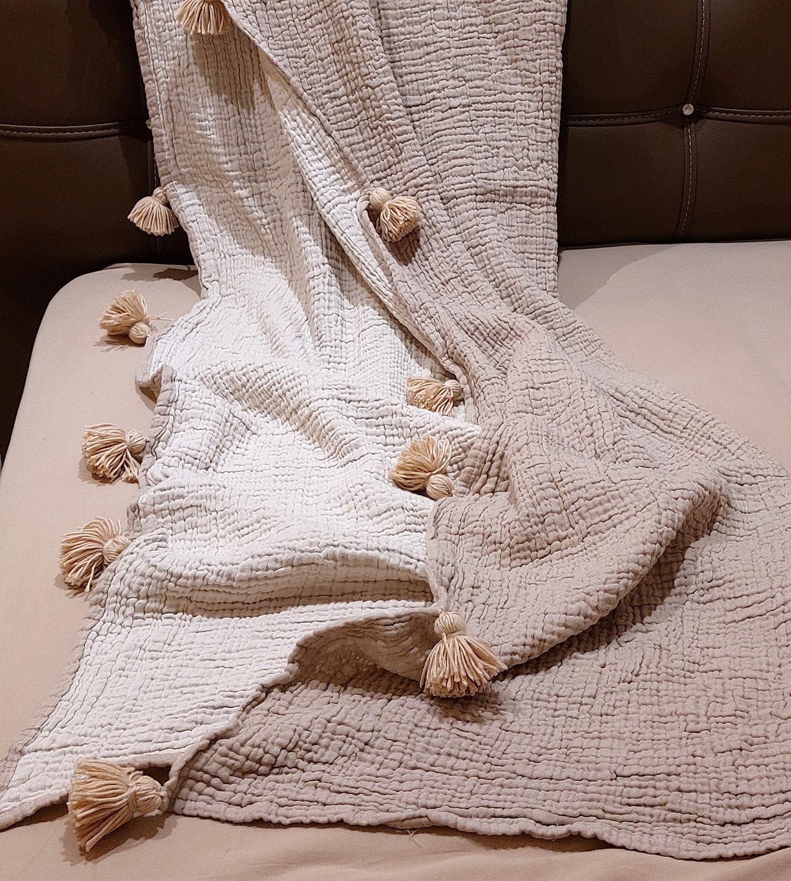 Luxurious Pom Pom Muslin Throw OEKO-TEX Certified, Multi-Purpose Cozy Comfort - Image 3