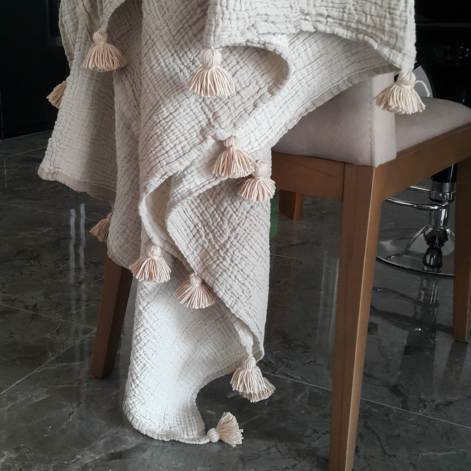 Luxurious Pom Pom Muslin Throw OEKO-TEX Certified, Multi-Purpose Cozy Comfort
