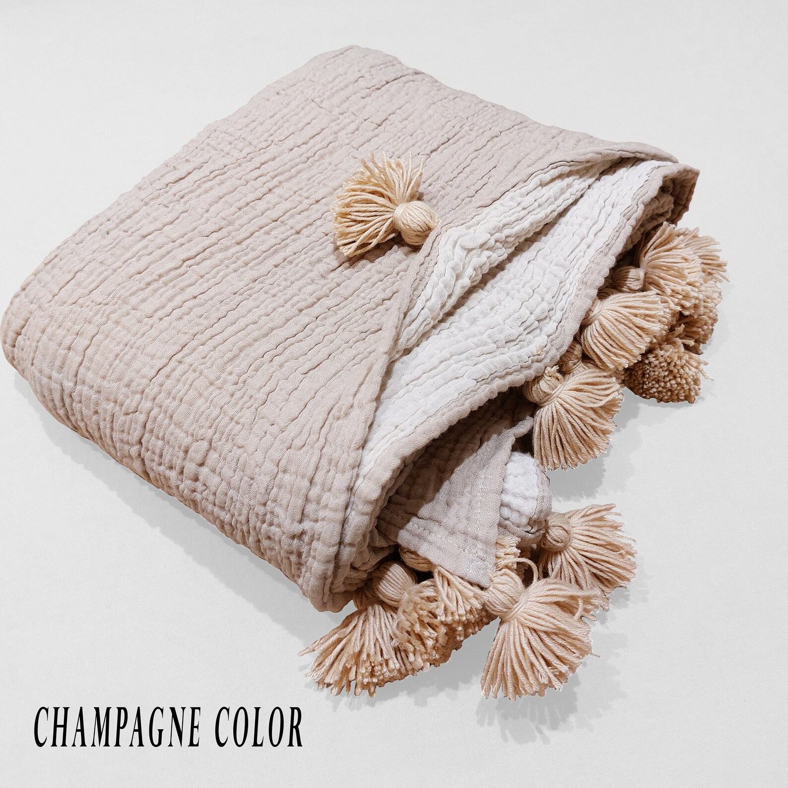 Luxurious Pom Pom Muslin Throw OEKO-TEX Certified, Multi-Purpose Cozy Comfort