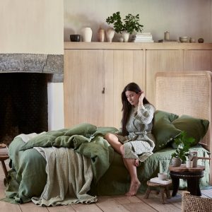 Luxurious Stonewashed Linen Fitted Sheet in Forest Green Indulge in Tranquil Slumber