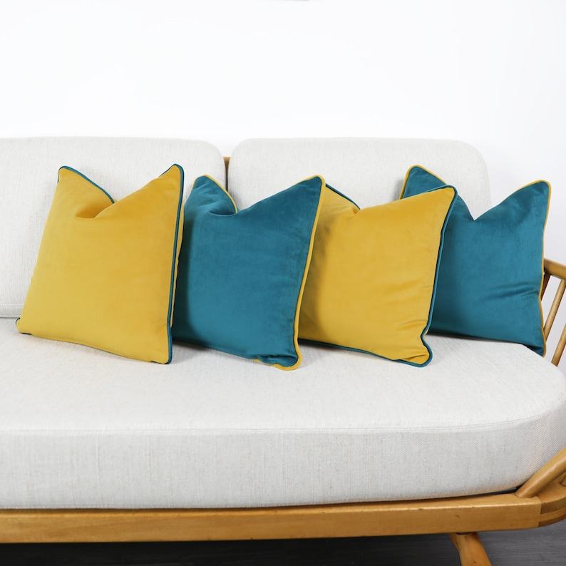 Luxurious Velvet Scatter Cushion Covers Mustard Yellow with Contrasting Piping
