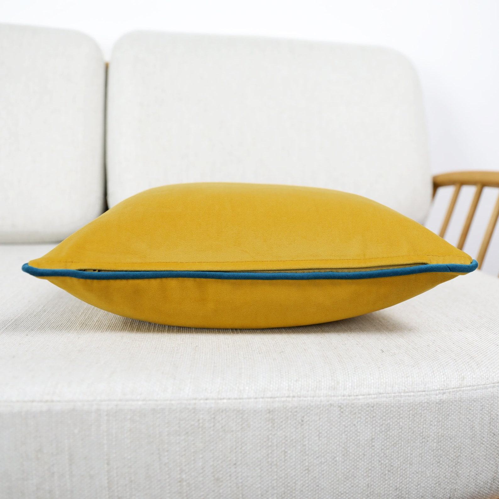 Luxurious Velvet Scatter Cushion Covers Mustard Yellow with Contrasting Piping