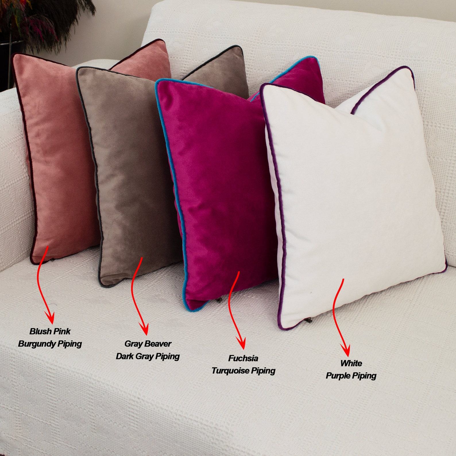 Luxurious Velvet Throw Pillow Covers with Customizable Piping in 26 Vibrant Hues
