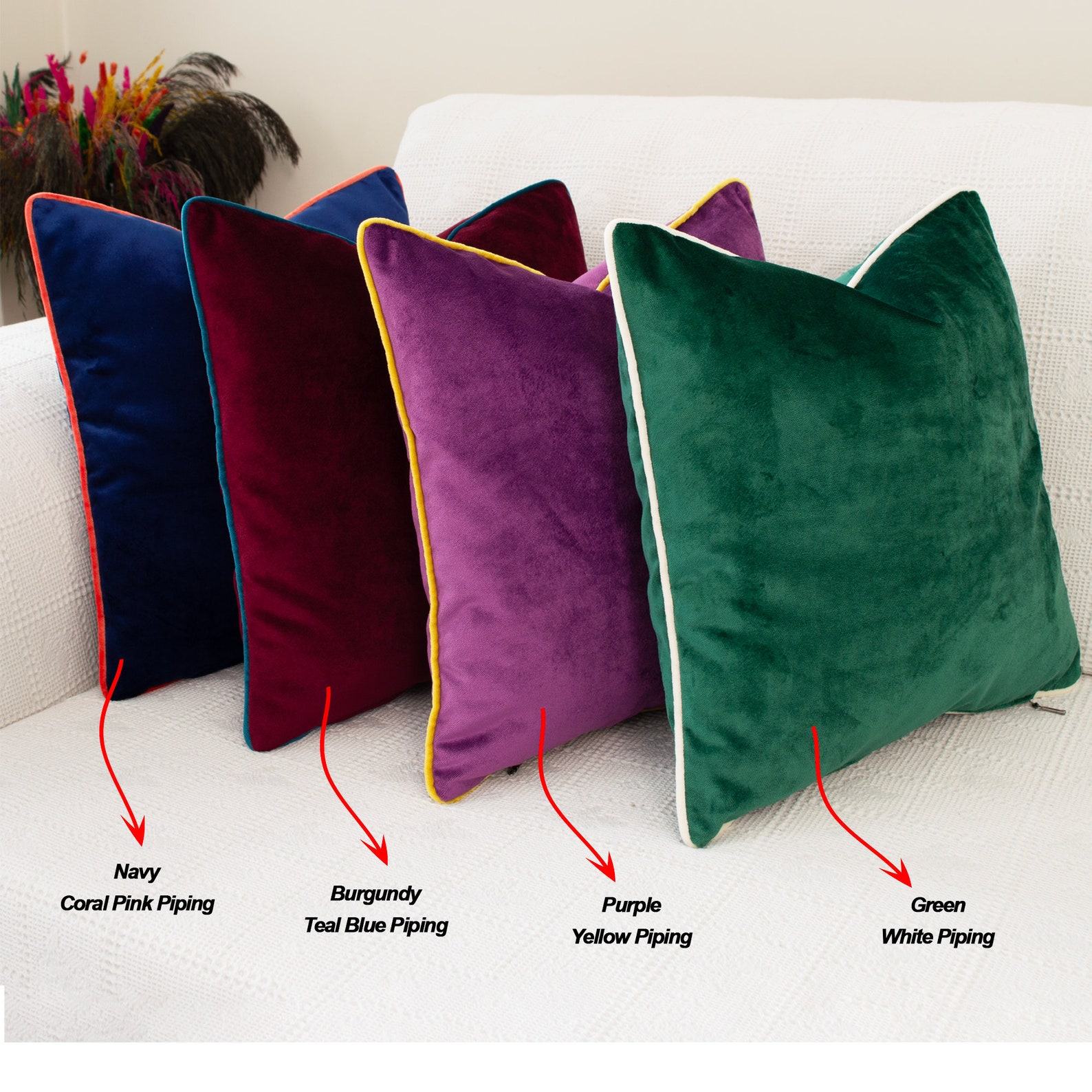 Luxurious Velvet Throw Pillow Covers with Customizable Piping in 26 Vibrant Hues