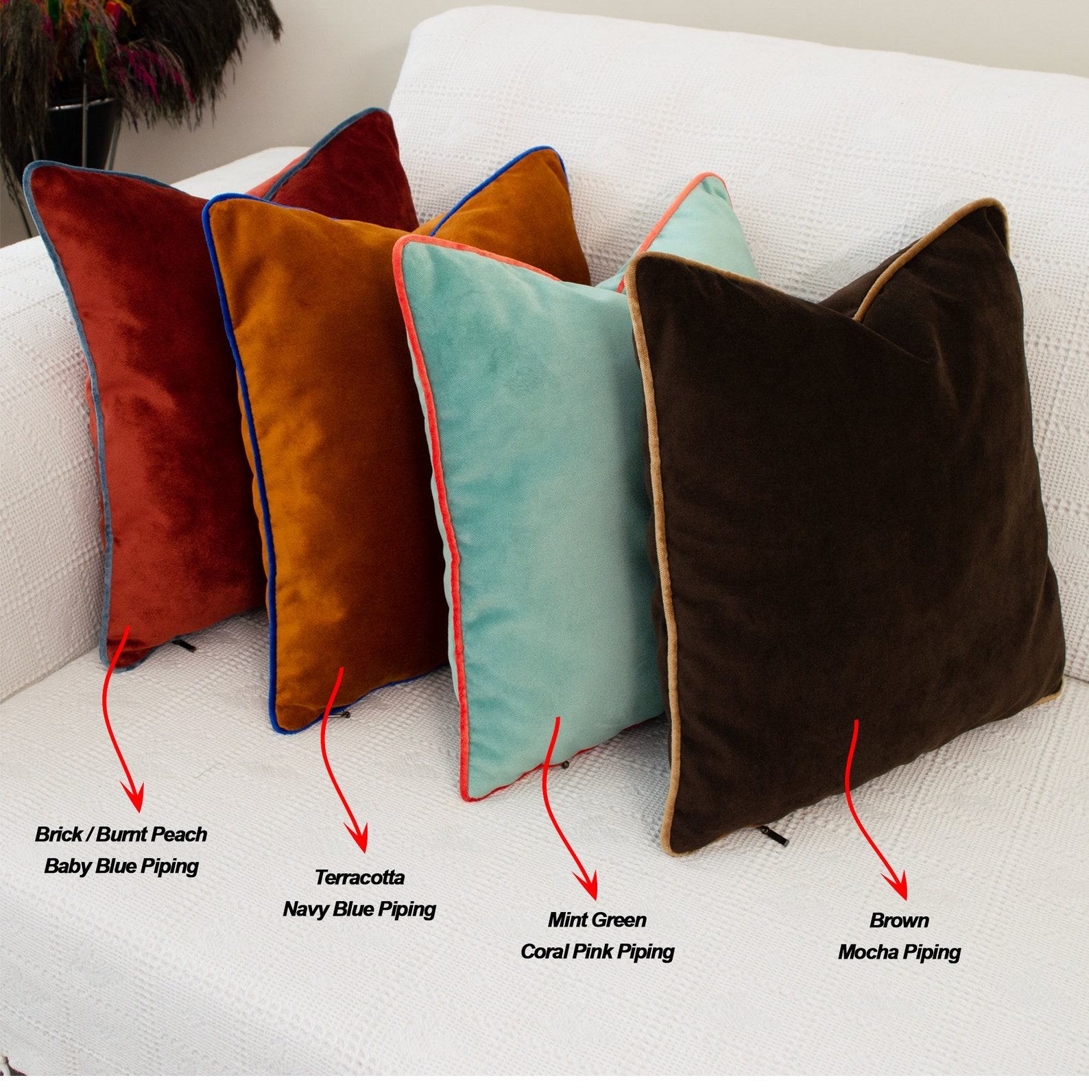 Luxurious Velvet Throw Pillow Covers with Customizable Piping in 26 Vibrant Hues