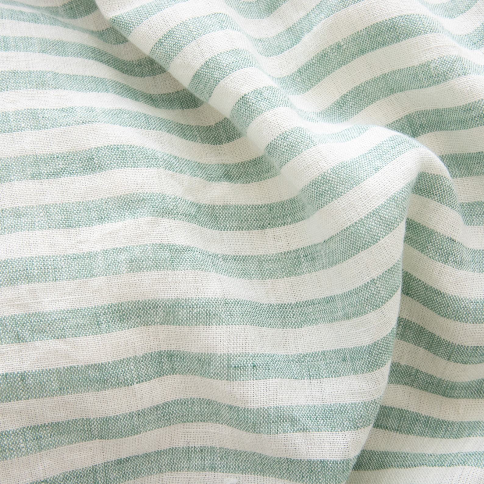 Luxurious Washed Linen Fitted Sheet Ticking Stripe in Azure and Ivory