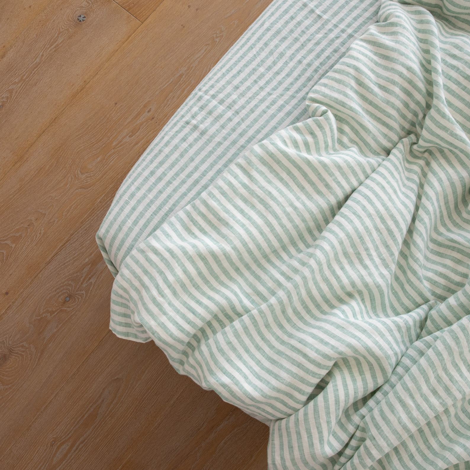 Luxurious Washed Linen Fitted Sheet Ticking Stripe in Azure and Ivory