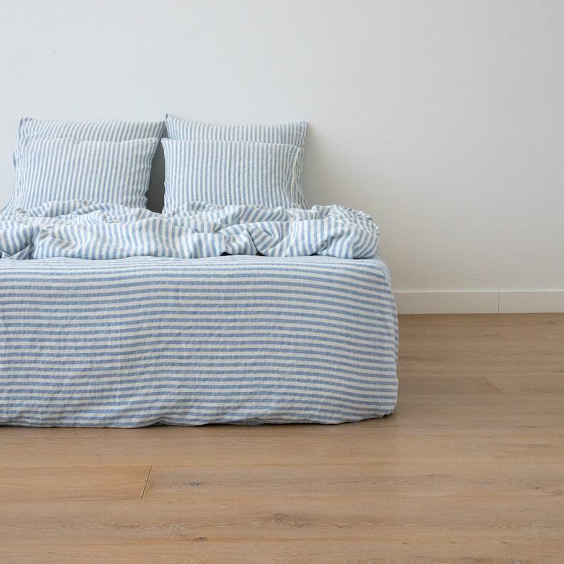 Luxurious Washed Linen Fitted Sheet Ticking Stripe in Azure and Ivory