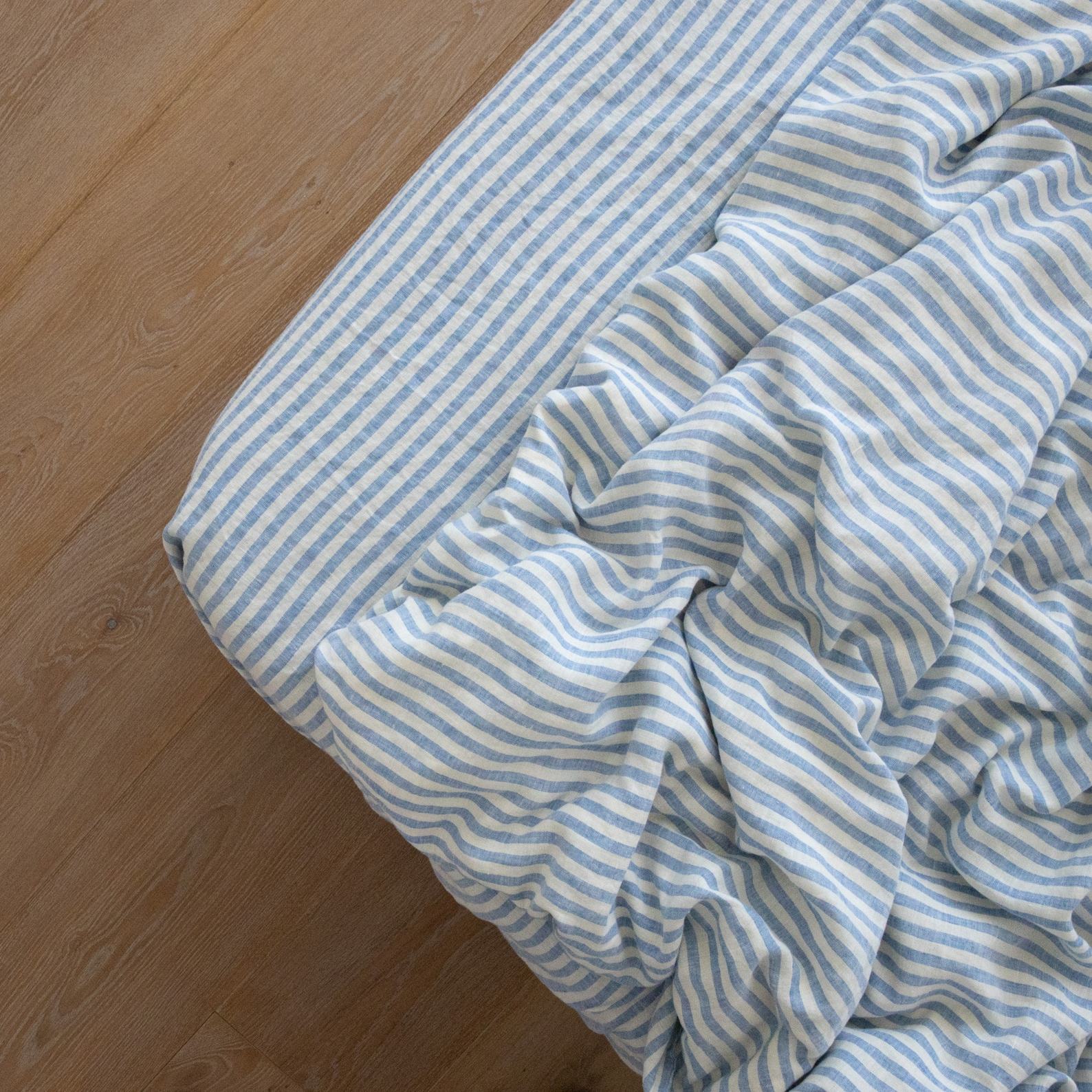 Luxurious Washed Linen Fitted Sheet Ticking Stripe in Azure and Ivory