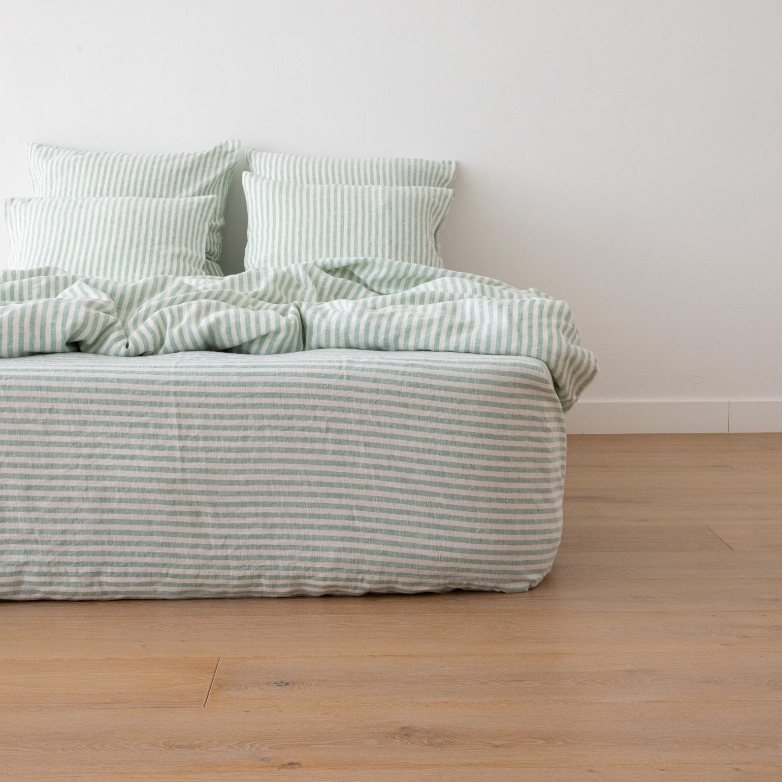 Luxurious Washed Linen Fitted Sheet Ticking Stripe in Azure and Ivory