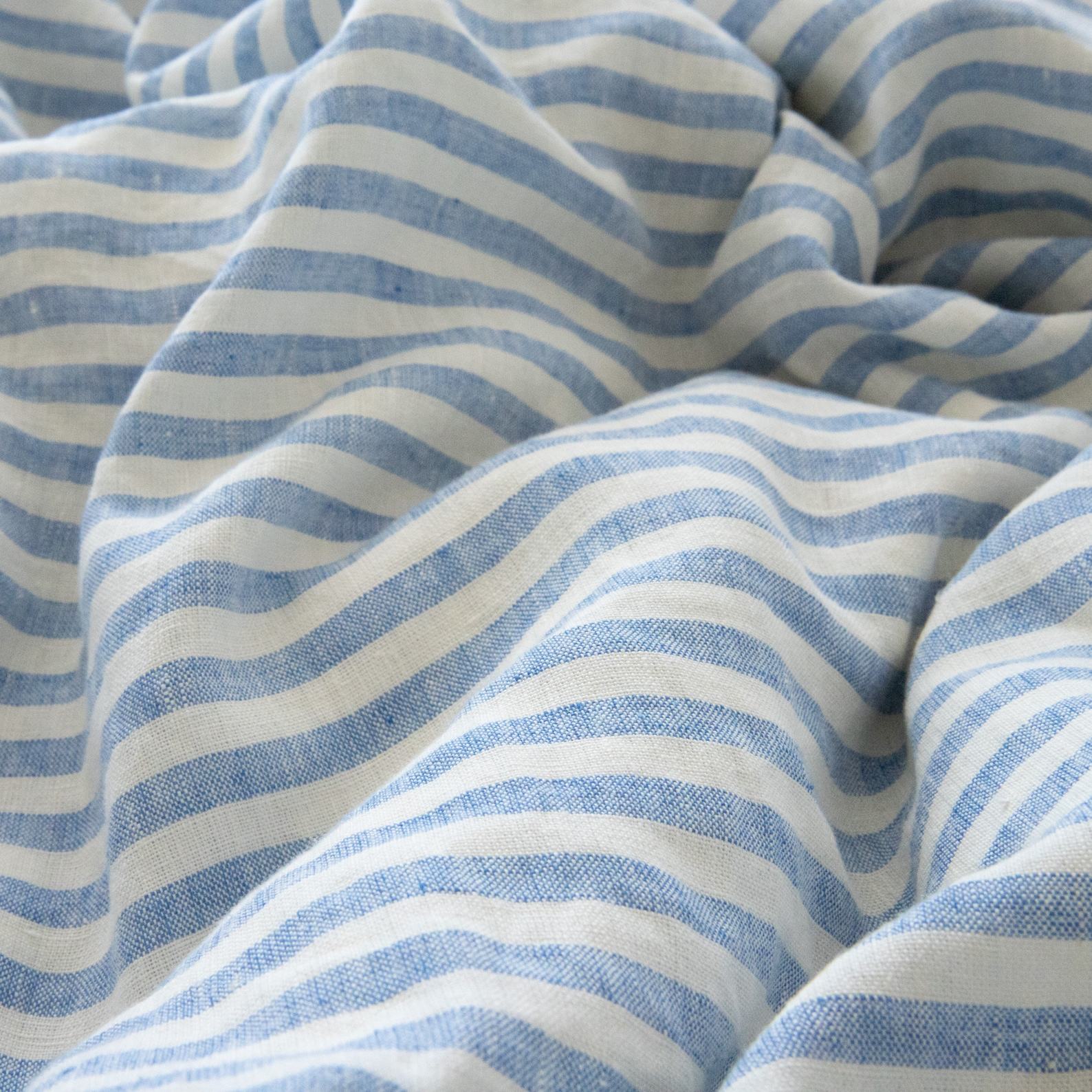 Luxurious Washed Linen Fitted Sheet Ticking Stripe in Azure and Ivory