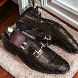 Luxury Alligator Texture Leather Loafers – Handmade Apron Toe Moccasins for Men