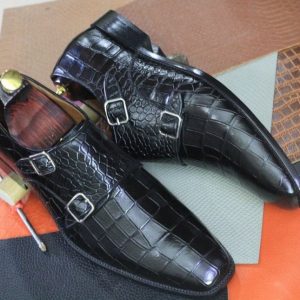 Luxury Black Alligator Texture Double Buckle Shoes | Men’s Classic Style