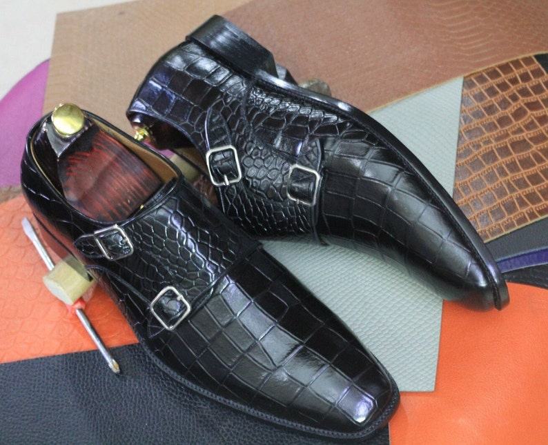 Luxury Black Alligator Texture Double Buckle Shoes | Men’s Classic Style