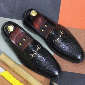 Luxury Black Alligator Texture Leather Loafers – Handmade Men’s Dress Moccasins