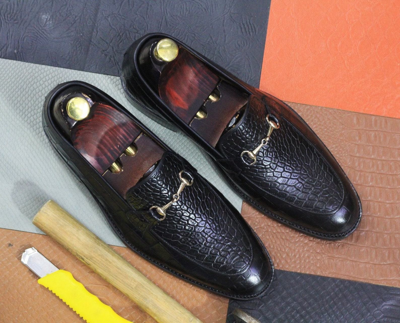 Luxury Black Alligator Texture Leather Loafers – Handmade Men’s Dress Moccasins - Image 3