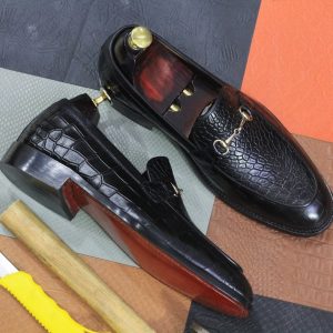 Luxury Black Alligator Texture Leather Loafers – Handmade Men’s Dress Moccasins