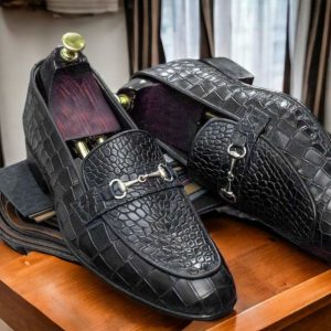 Luxury Black Alligator Texture Leather Loafers – Handmade Men’s Dress Moccasins