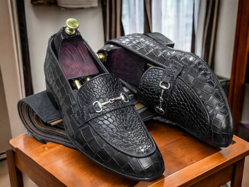 Luxury Black Alligator Texture Leather Loafers – Handmade Men’s Dress Moccasins