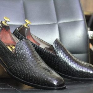 Luxury Black Python Texture Leather Loafers – Handmade Moccasin Dress Shoes for Men