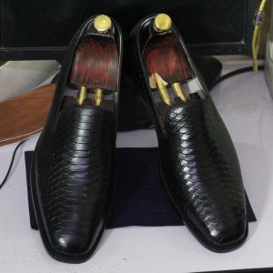 Luxury Black Python Texture Leather Loafers – Handmade Moccasin Dress Shoes for Men