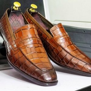 Luxury Hand-Painted Alligator Texture Leather Loafers – Square Toe Slip-Ons for Men