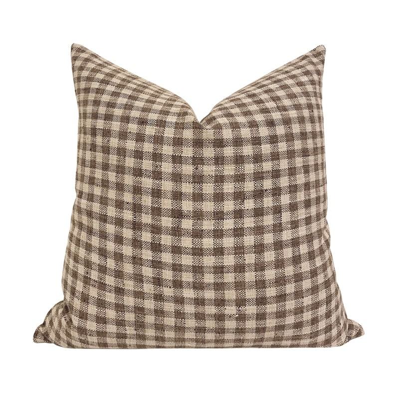 MABEL Farmhouse Charm in a Check – Designer Brown Gingham Linen Pillow Cover