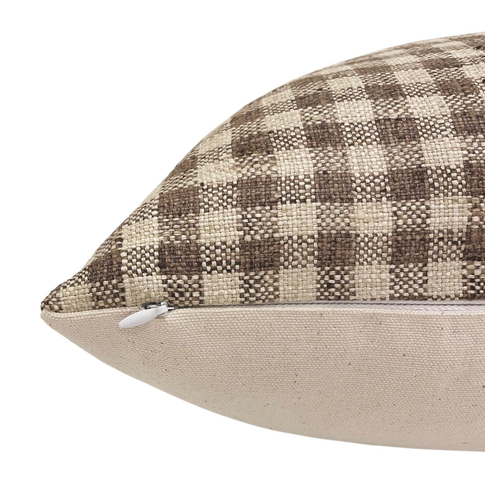 MABEL Farmhouse Charm in a Check – Designer Brown Gingham Linen Pillow Cover