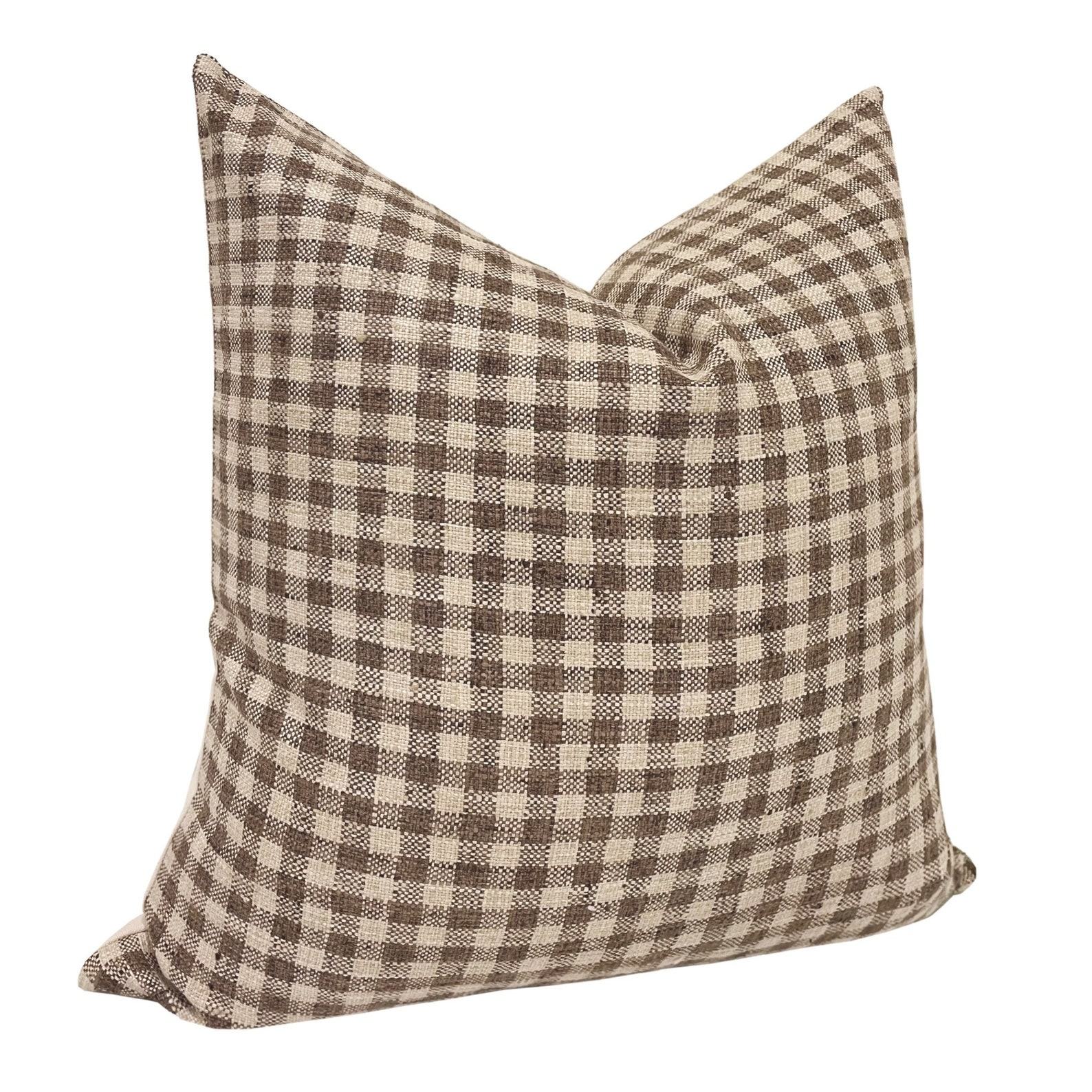 MABEL Farmhouse Charm in a Check – Designer Brown Gingham Linen Pillow Cover