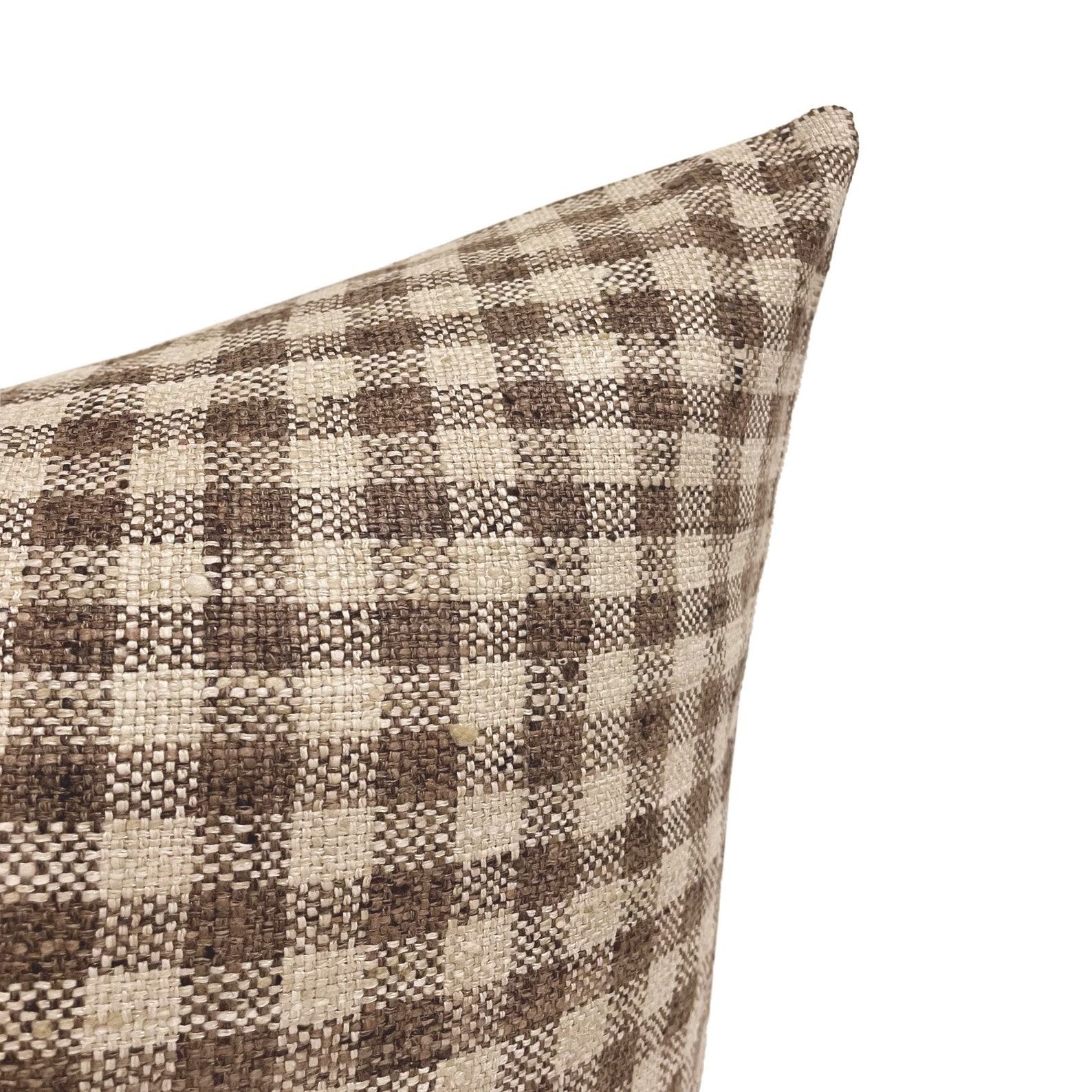MABEL Farmhouse Charm in a Check – Designer Brown Gingham Linen Pillow Cover