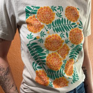 Marigold Meadow Handcrafted Floral T-Shirt with Vibrant Screen Print