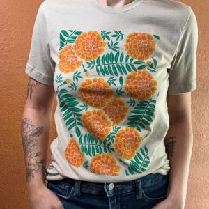 Marigold Meadow Handcrafted Floral T-Shirt with Vibrant Screen Print