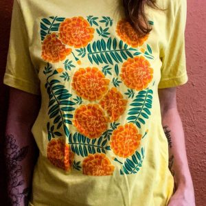 Marigold Meadow Handcrafted Floral T-Shirt with Vibrant Screen Print