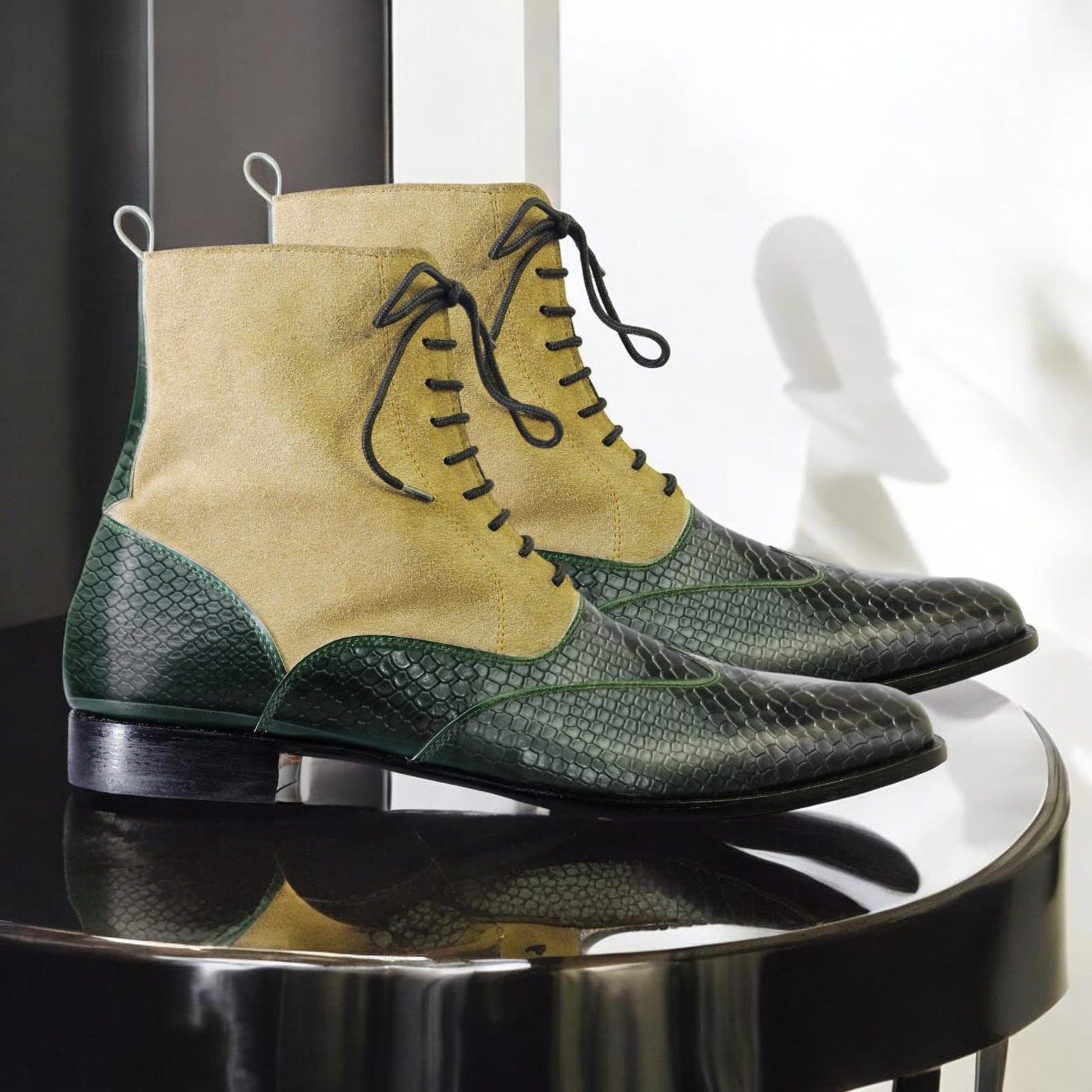 Men’s Beige & Green Python Texture Leather Ankle Boots – Handmade Lace-Up Designer Style