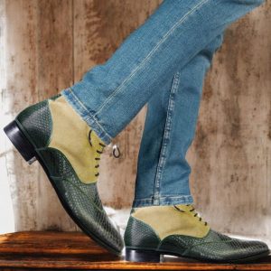 Men’s Beige & Green Python Texture Leather Ankle Boots – Handmade Lace-Up Designer Style