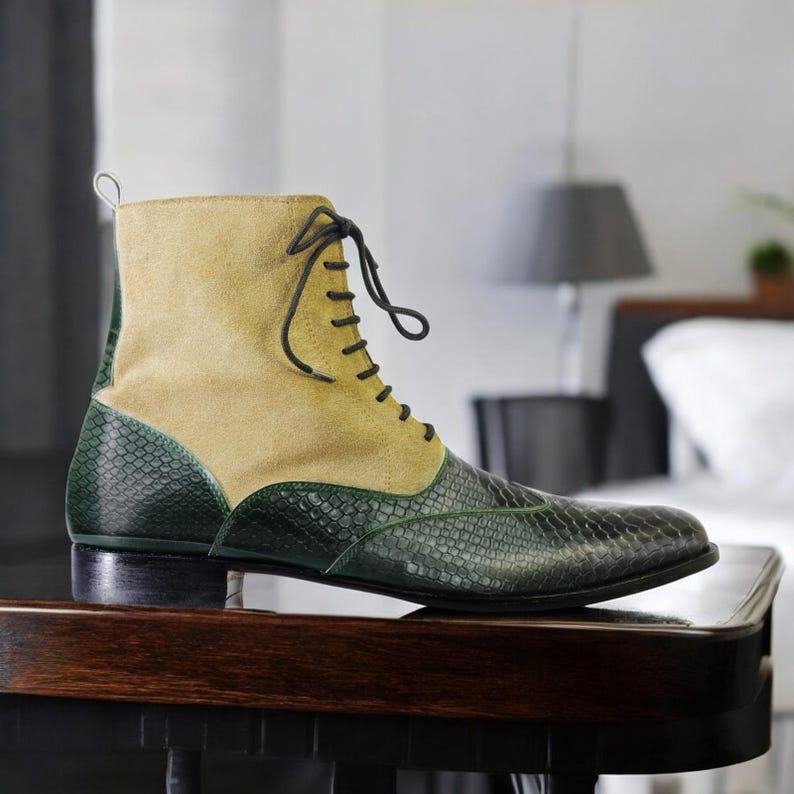 Men’s Beige & Green Python Texture Leather Ankle Boots – Handmade Lace-Up Designer Style