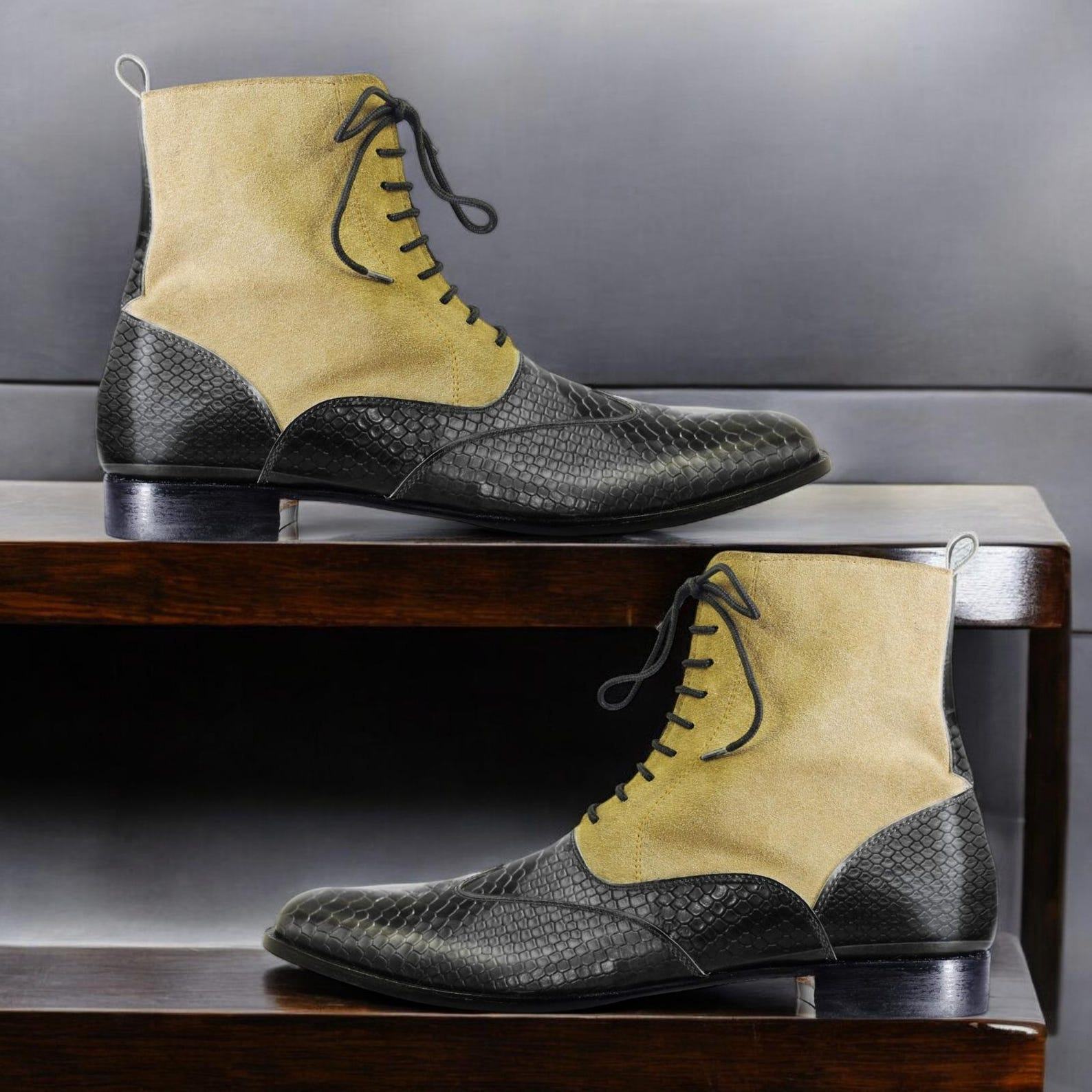 Men’s Beige & Green Python Texture Leather Ankle Boots – Handmade Lace-Up Designer Style