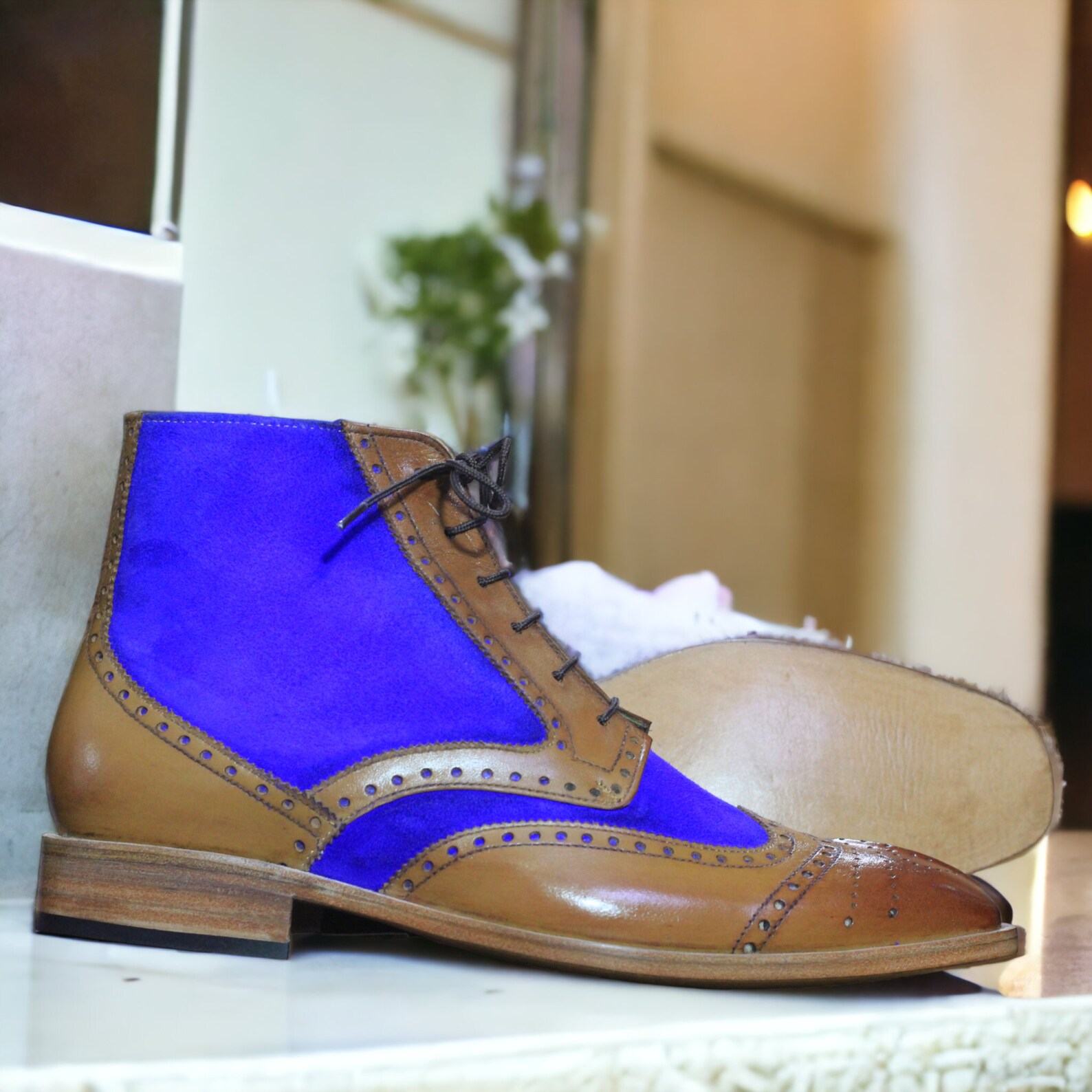 Men’s Bespoke Wingtip Boots  Hand-Painted Leather & Suede Brogues | Formal Ankle Boots