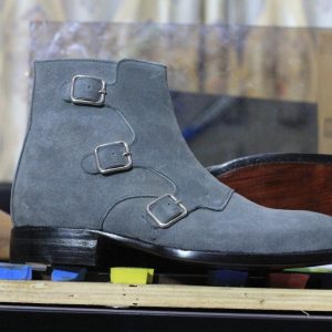 Men’s Gray Suede & Leather Monk Strap Ankle Boots – Handmade Style