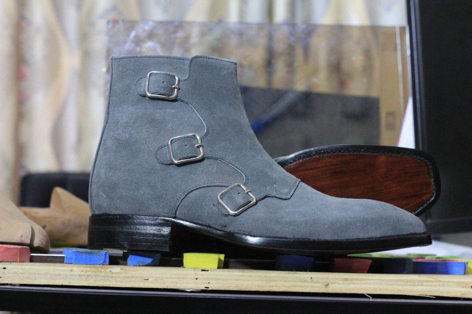 Men’s Gray Suede & Leather Monk Strap Ankle Boots – Handmade Style - Image 2