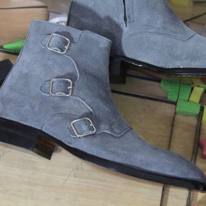 Men’s Gray Suede & Leather Monk Strap Ankle Boots – Handmade Style
