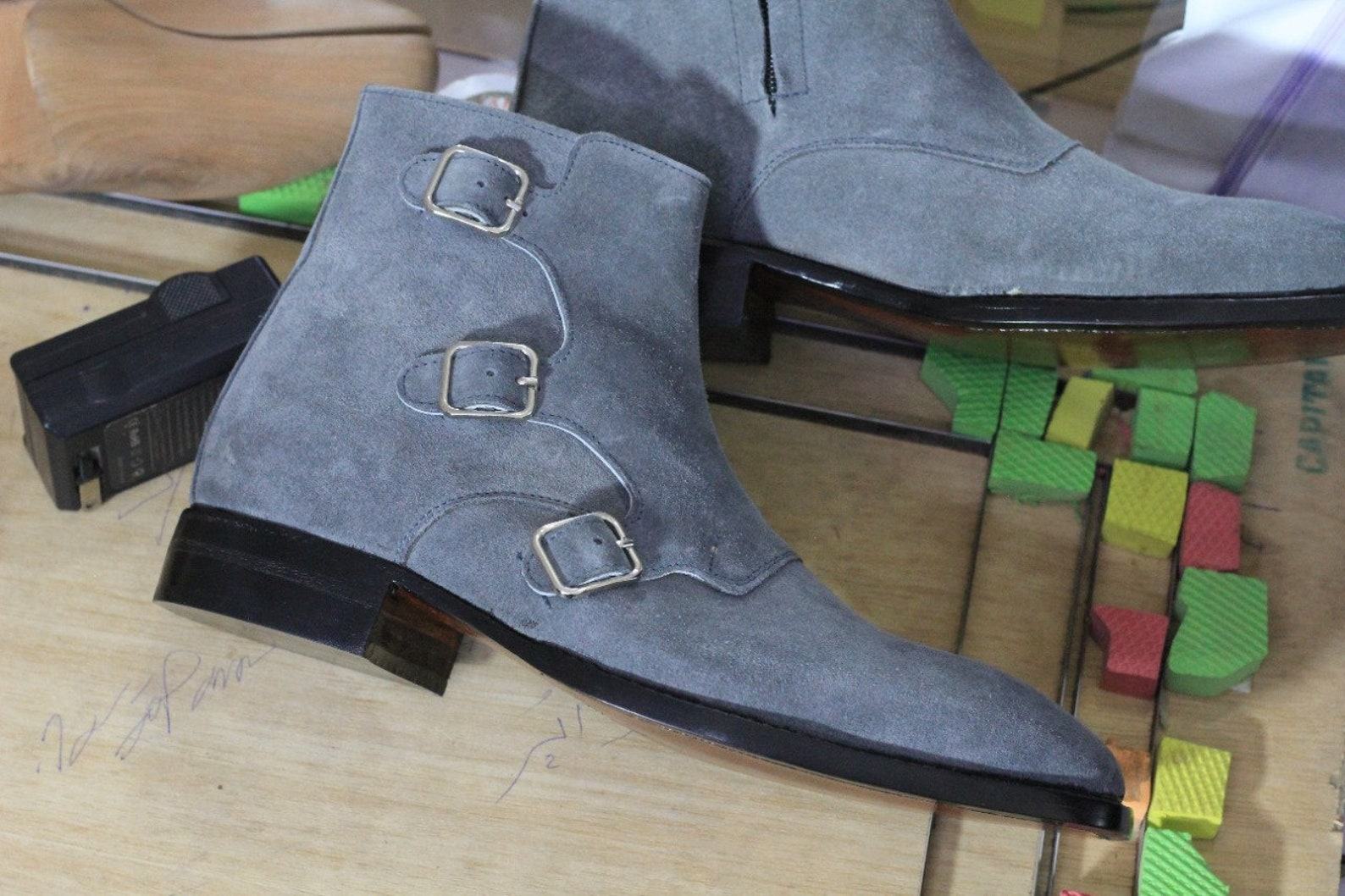 Men’s Gray Suede & Leather Monk Strap Ankle Boots – Handmade Style - Image 3
