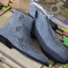 Men’s Gray Suede & Leather Monk Strap Ankle Boots – Handmade Style