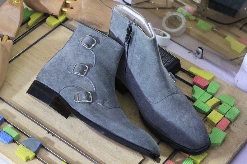 Men’s Gray Suede & Leather Monk Strap Ankle Boots – Handmade Style