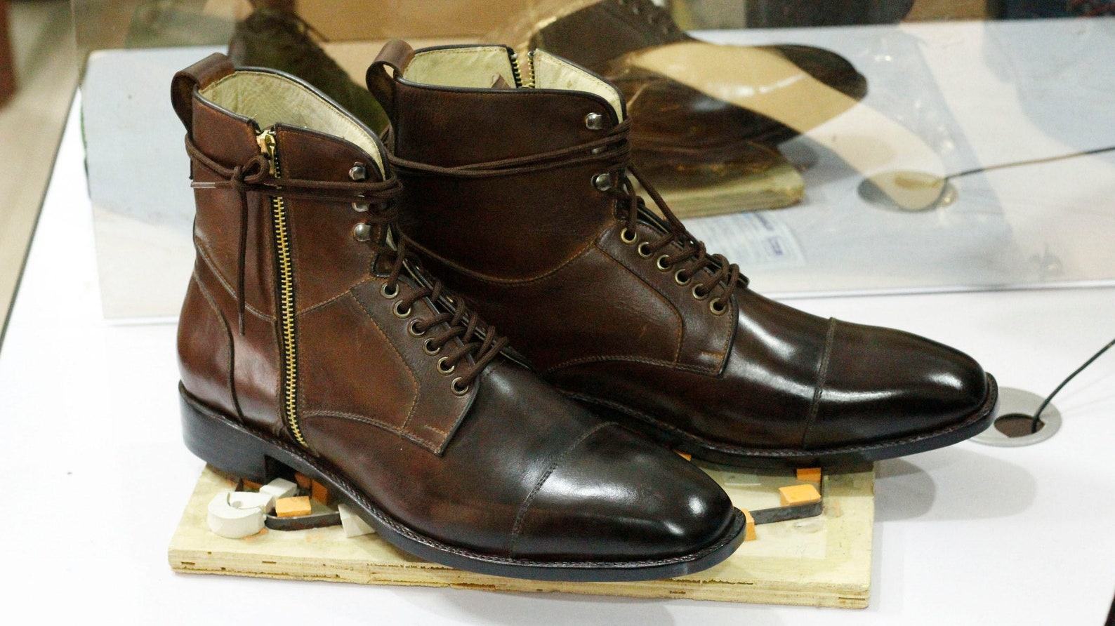 Men’s Handmade Brown Leather Boots Cap Toe, Side Zip & Goodyear Welted - Image 2