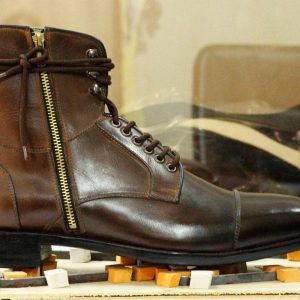 Men’s Handmade Brown Leather Boots  Cap Toe, Side Zip & Goodyear Welted