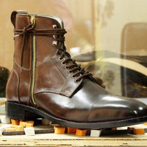 Men’s Handmade Brown Leather Boots  Cap Toe, Side Zip & Goodyear Welted