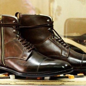 Men’s Handmade Brown Leather Boots  Cap Toe, Side Zip & Goodyear Welted