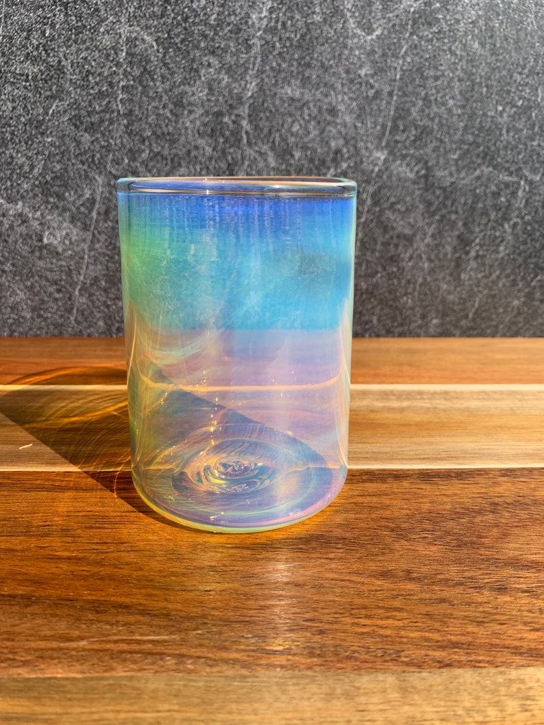 Mesmerizing Color-Shifting Glass Handblown Iridescent Tumbler for Enchanting Beverages